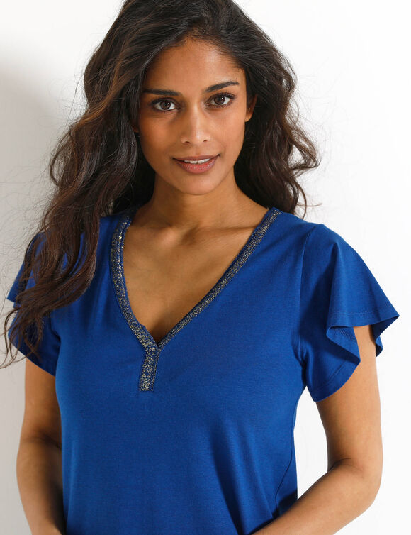 T-shirt in effen tricot met goudkleurige V-hals (felblauw)