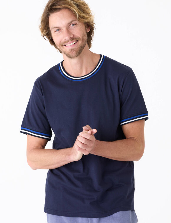 T-shirt uni manches courtes d&eacute;tails ray&eacute;s   (marine)