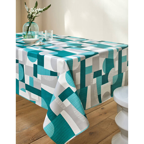 Tafellaken in toile cir&eacute;e met duo patchwork print (grijs / blauw)