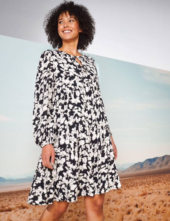 Robe courte imprimée, détails nouettes (noir / beige)