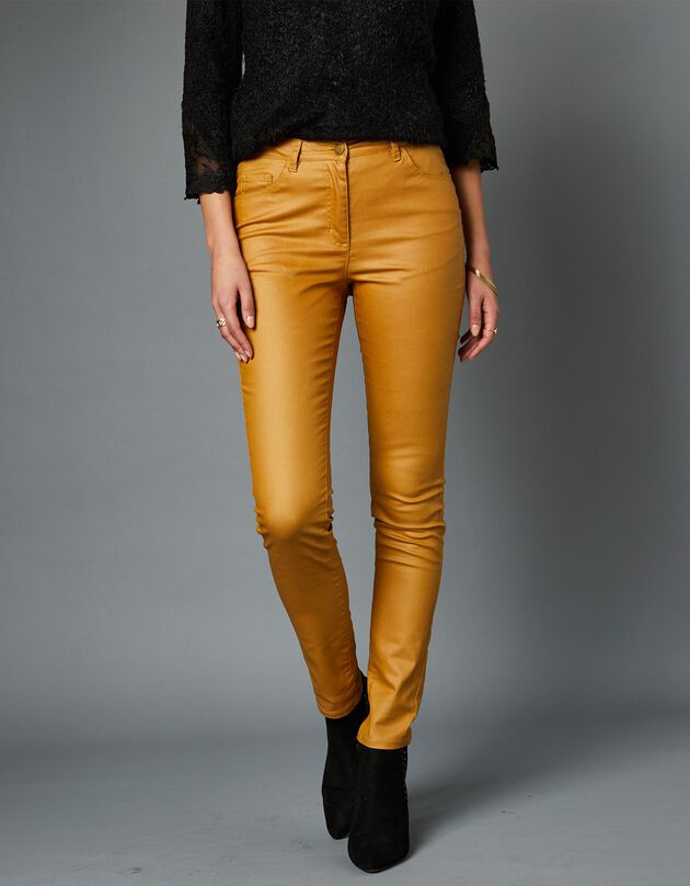 Smalle gecoate broek (saffraangeel)