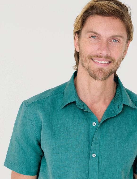 Chemise coton lin manches courtes boutonn&eacute;e (aqua)