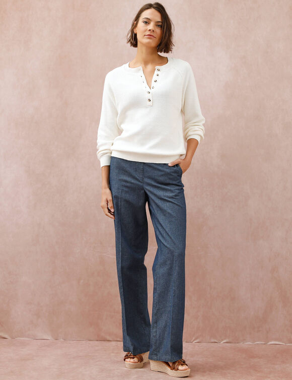 Pull uni col tunisien boutonn&eacute; (&eacute;cru)