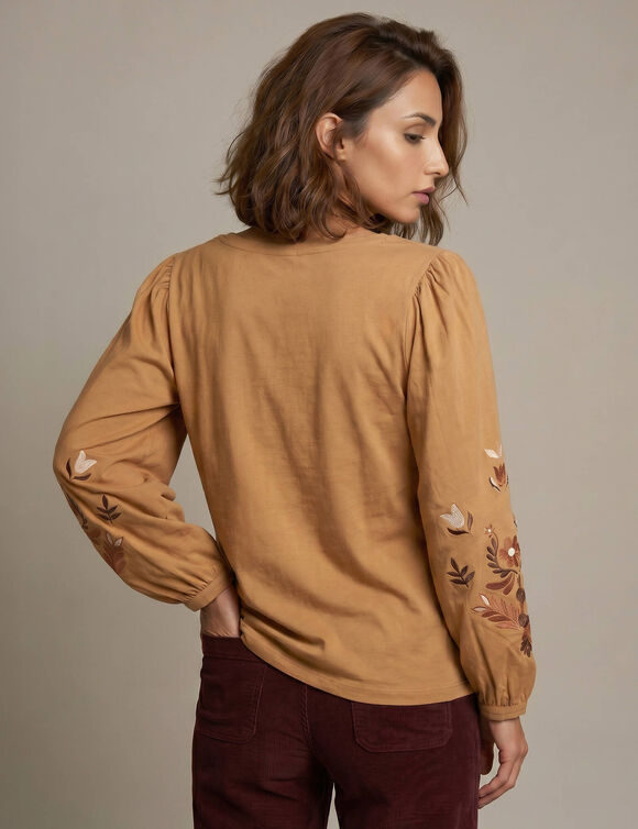 T-shirt manches longues brod&eacute;es, coton (noisette)