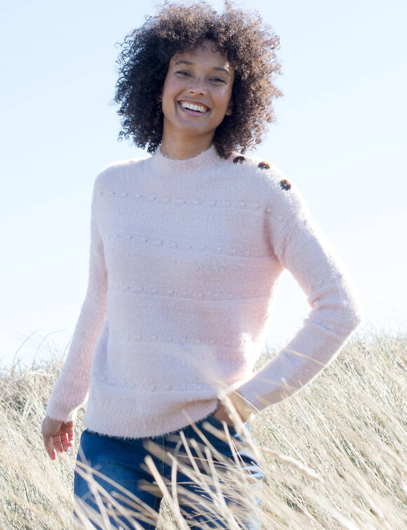 Pull col montant, maille poilue fantaisie (rose poudr&eacute;)