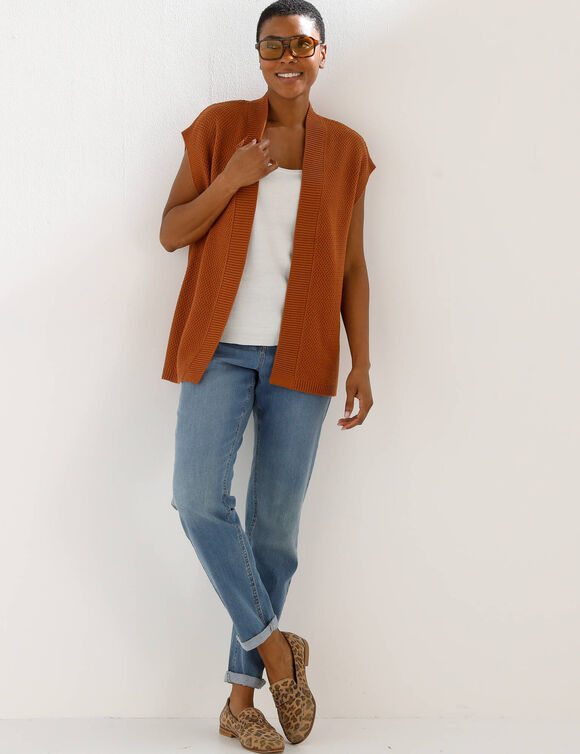 Gilet sans manches, maille fantaisie (caramel)