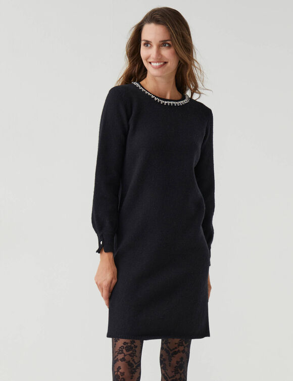 Robe pull &agrave; col bijou et boutons perle, manches longues (noir)