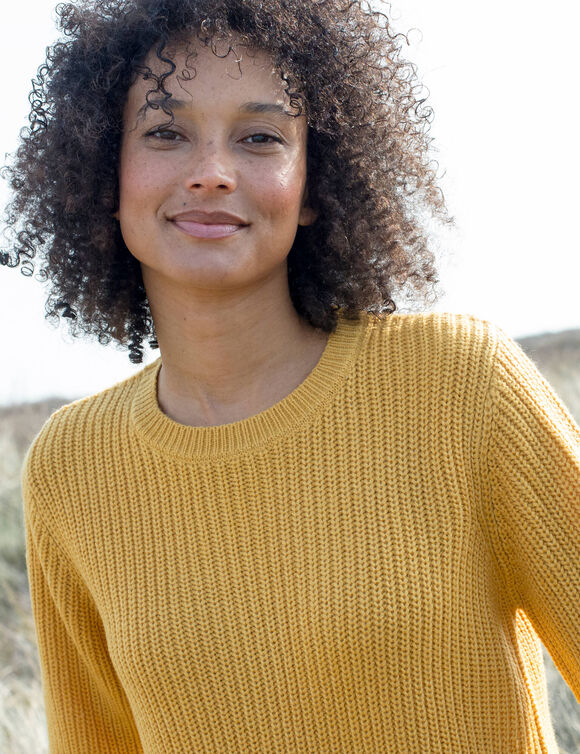 Pull tunique &eacute;vas&eacute; col rond, maille anglaise (curry)