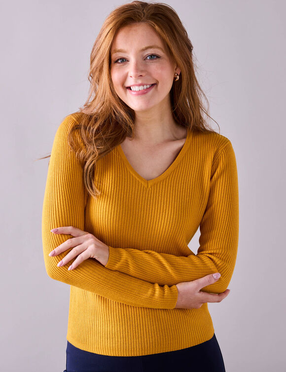 Pull col V, maille c&ocirc;tel&eacute;e (curry)