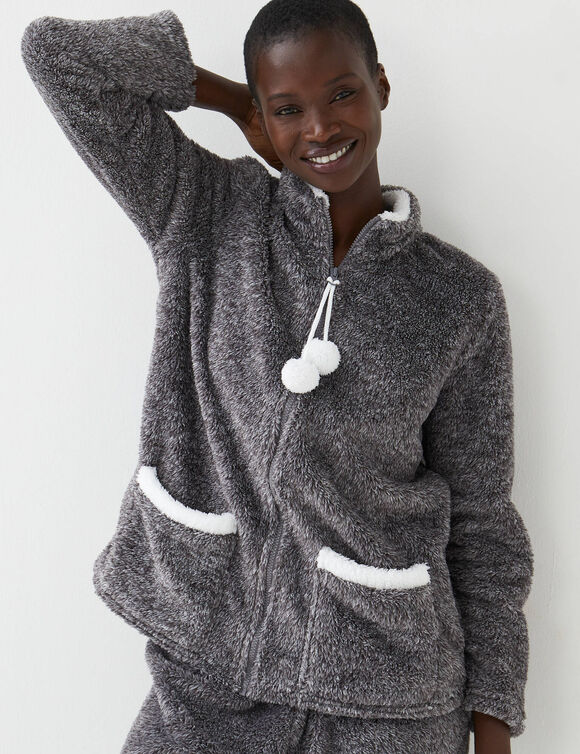Pyjama pantalon polaire, avec veste zipp&eacute;e &agrave; pompons (gris / &eacute;cru)