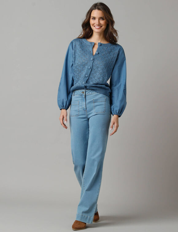 Gilet 2en1 bi matière, maille ajourée et manches brodées coton (bleu)