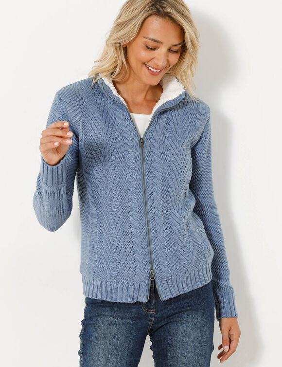 Vest met rits en kabelmotieven, gevoerd met pluchetricot (grijsblauw)