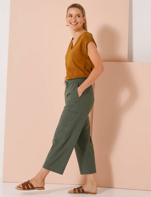T-shirt col V uni, mélange coton-lin (havane)