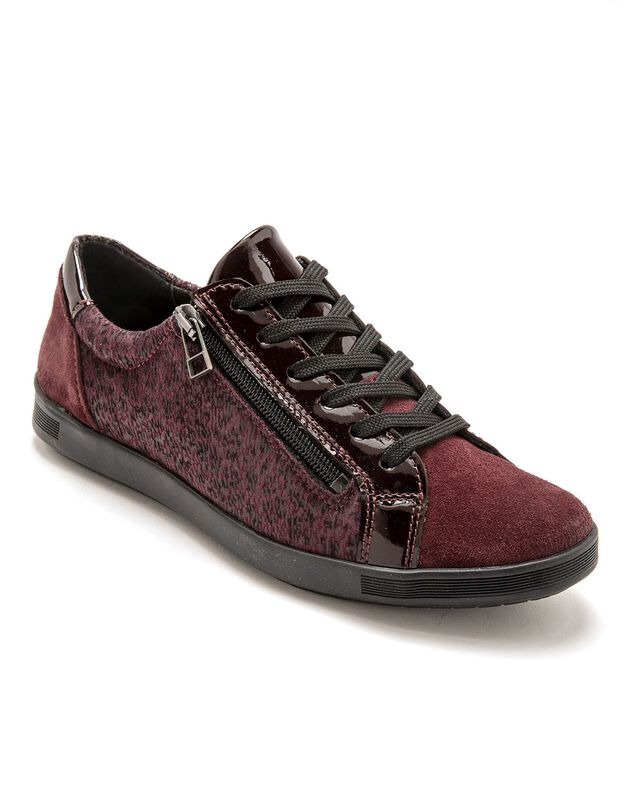 Baskets zippées à lacets grande largeur en cuir femme - imprimé rouge, bordeaux Baskets zippées à lacets grande largeur en cuir femme - imprimé rouge, bordeaux, hi-res