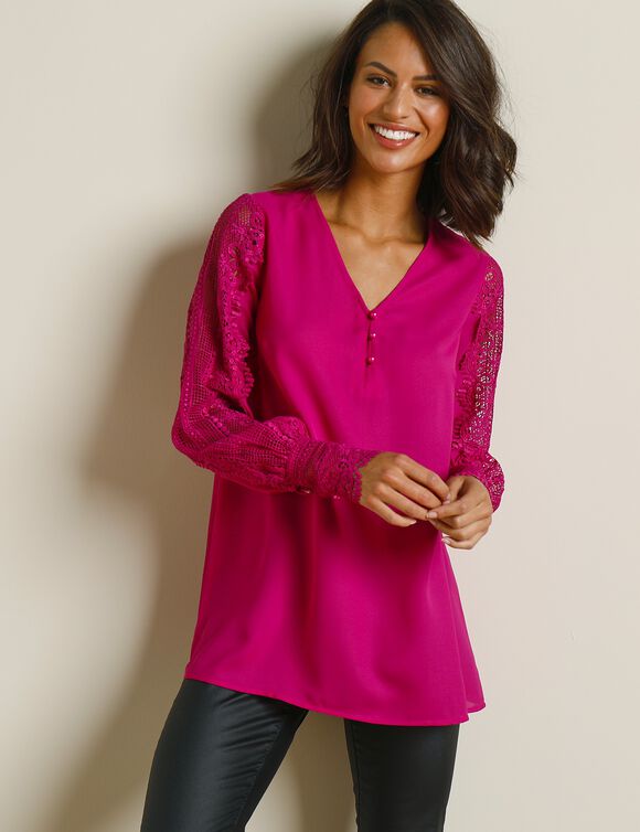 Blouse macramé col V manches longues, crêpe fluide (violine)