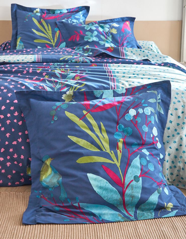 Linge de lit Betty en coton à motifs fleurs et oiseaux, bleu, hi-res image number 1