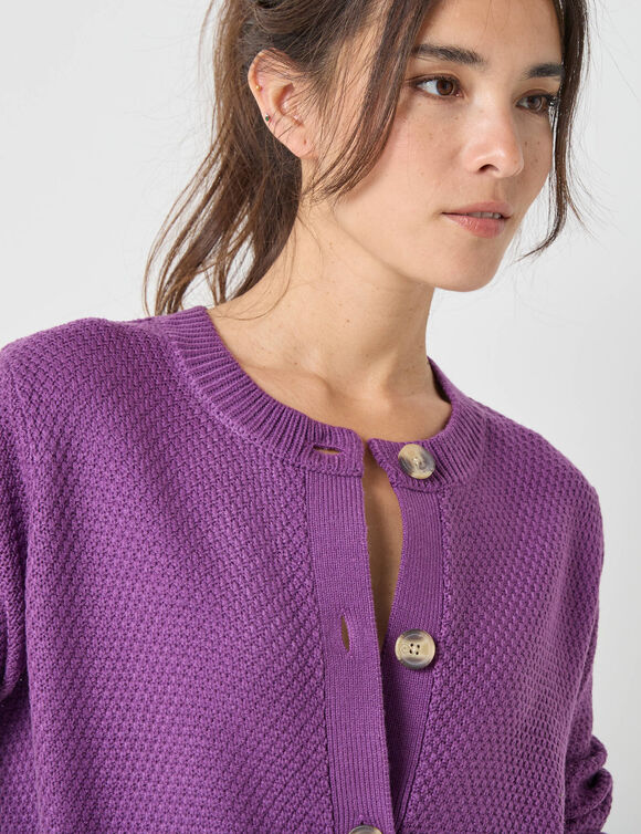 Gilet boutonn&eacute; manches longues, maille fantaisie (violet)