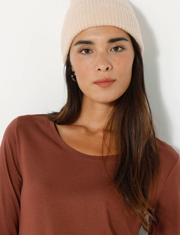 T-shirt col rond manches longues uni (chocolat)