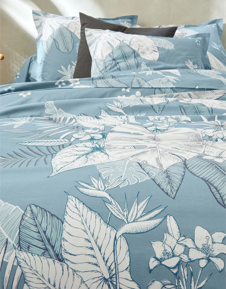 Linge de lit Elyse en coton imprimé fleurs et feuilles de palmes, bleu Linge de lit Elyse en coton imprimé fleurs et feuilles de palmes, bleu, hi-res image number 4