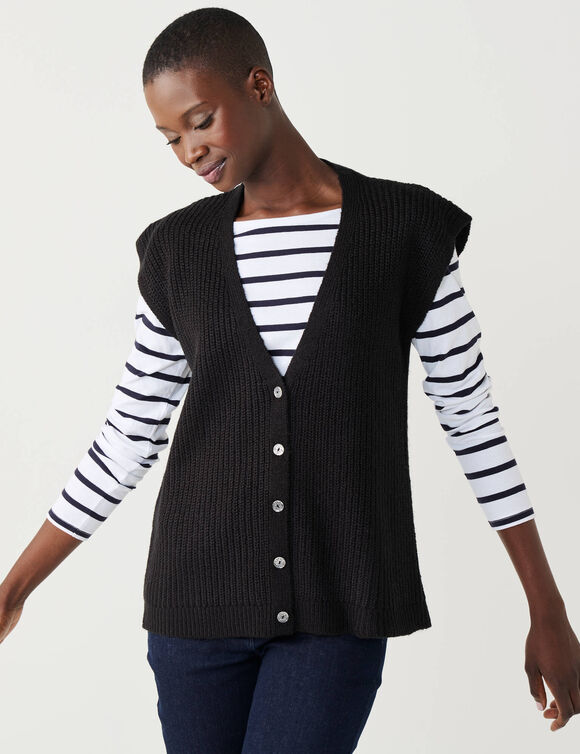 Gilet sans manches &agrave; boutons paillet&eacute;s, maille anglaise (noir)
