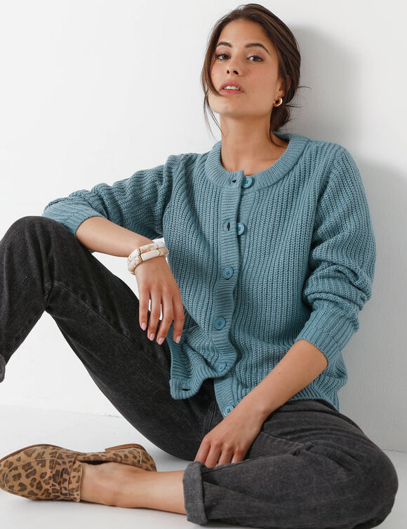 Vest met knopen in patenttricot (celadongrijs)