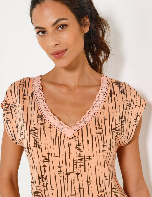 T-shirt imprim&eacute;, col V macram&eacute; (p&ecirc;che / chocolat)