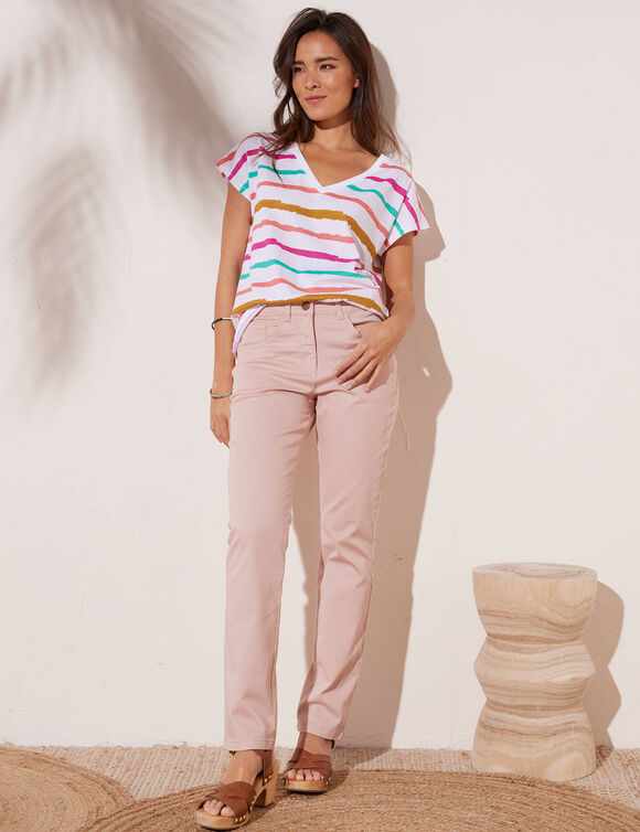 Pantalon effet ventre plat, coton stretch (rose poudré)