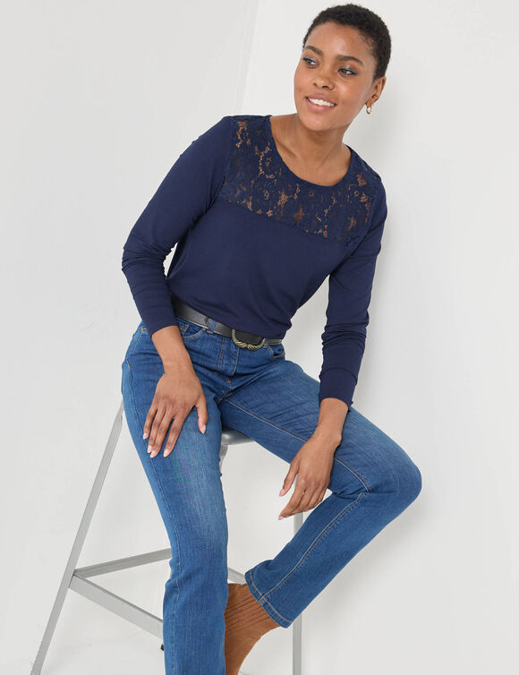 T-shirt col rond manches longues dentelle (marine)