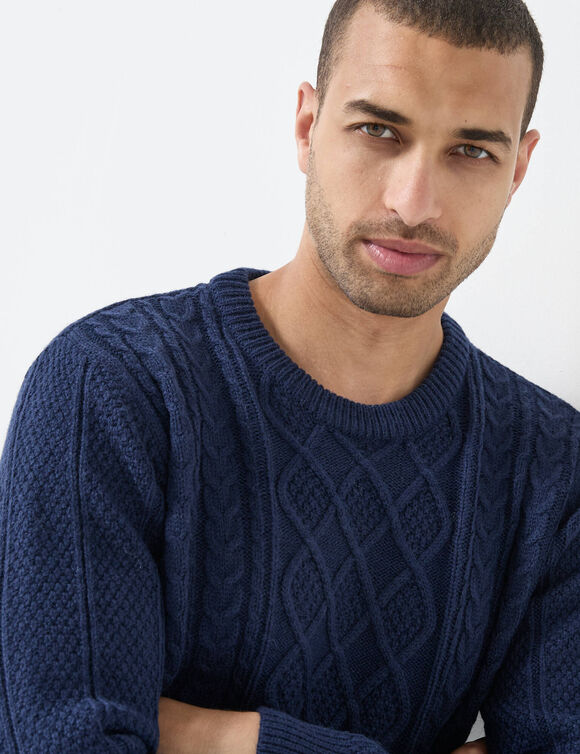 Pull col rond maille irlandaise (marine)