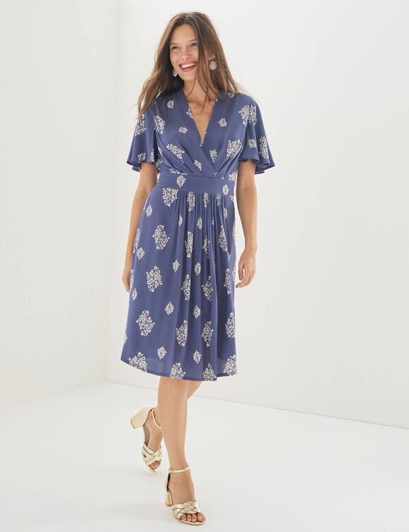 Robe courte cache-coeur imprim&eacute;e bouquet (bleu)