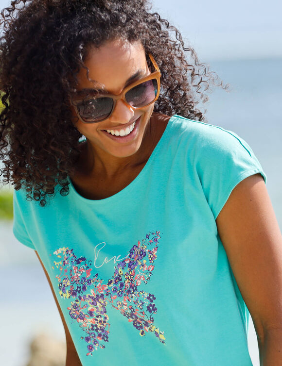 T-shirt manches courtes, imprim&eacute; plac&eacute; "papillon" (lagon)