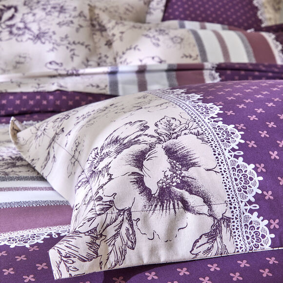 Linge de lit Gabrielle en coton imprimé pois, fleurs et dentelle (prune)