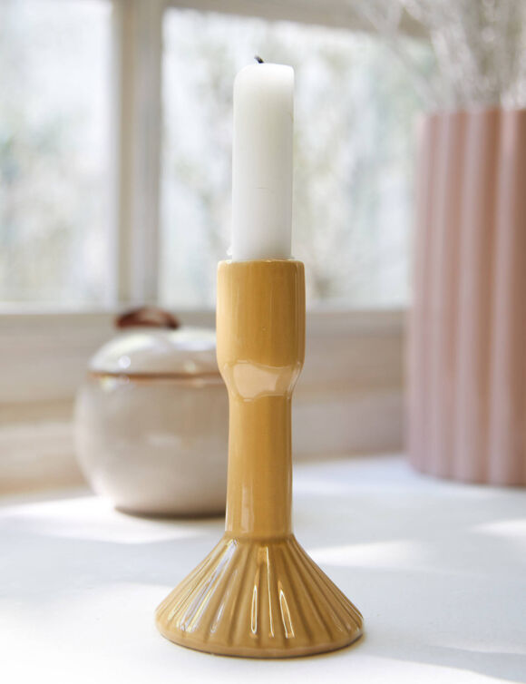 Bougeoir stri&eacute; c&eacute;ramique jaune (jaune)