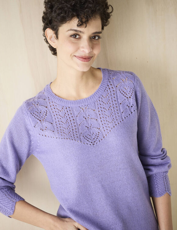 Pull col rond maille ajourée, toucher doux (parme)