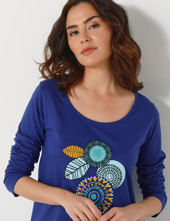 Kort nachthemd met lange mouwen en rozettenmotief (felblauw)