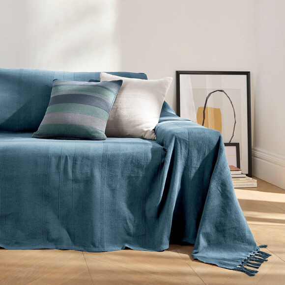 Plaid of sprei, effen katoen met artisanaal weefsel (marineblauw)