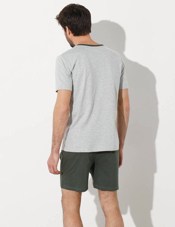 Shortama met contrasterende V-hals en korte mouwen (kaki / chiné grijs)