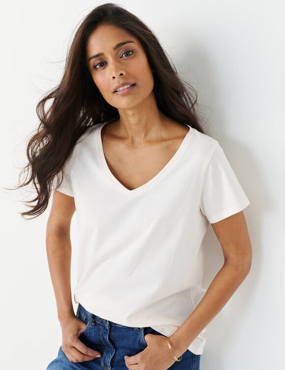 T-shirt col V uni manches courtes, coton (&eacute;cru)