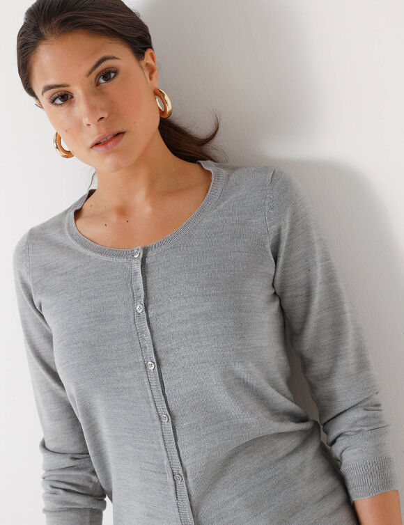 Cardigan boutonné col rond uni, toucher doux (gris chiné)