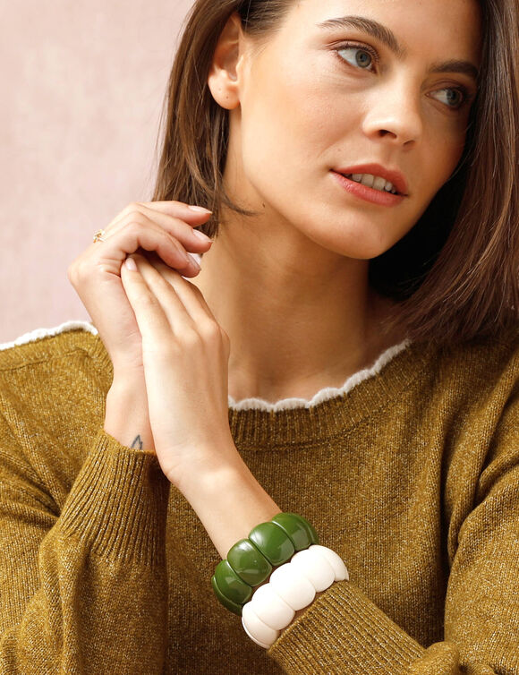 Bracelet écaille élastiqué, lot de 2 (vert / écru)