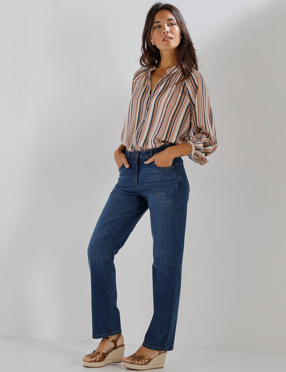 Chemisier ample imprim&eacute; ray&eacute;, manches blousantes  (beige / rose)