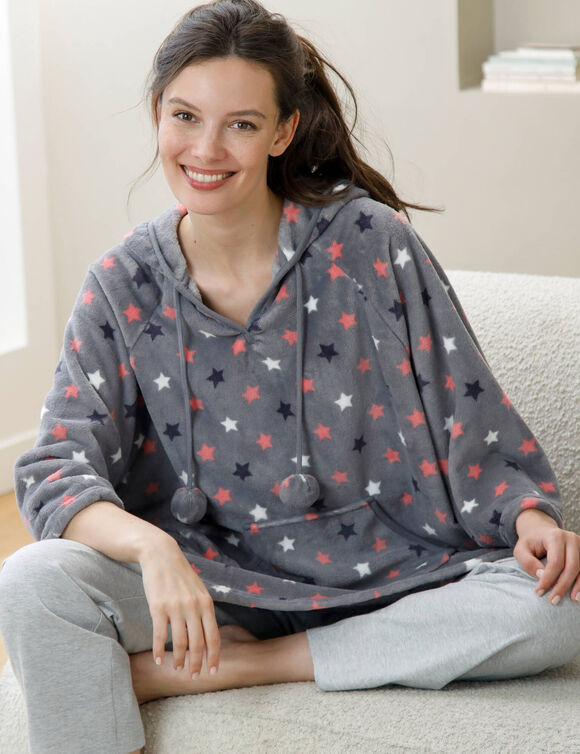 Poncho &agrave; capuche, maille polaire toucher peluche (gris / rose)
