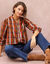 Geknoopte blouse met mao-kraag, geruit, katoen (granaatrood / grijsbeige)