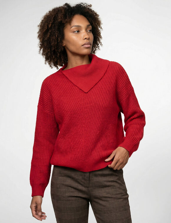 Pull &agrave; col asym&eacute;trique en maille anglaise, tricot fantaisie (rouge)