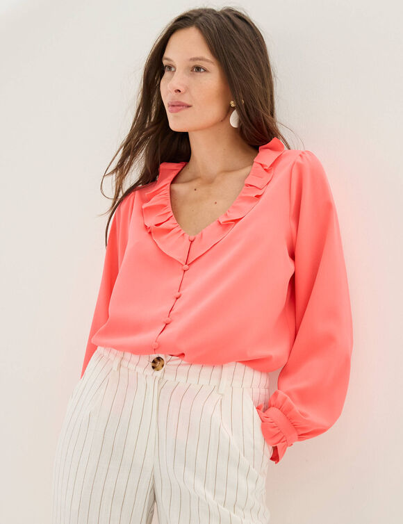 Chemisier boutonn&eacute; col V volant&eacute; (corail)
