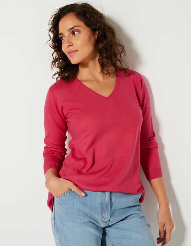 Pull col V toucher cachemire (rose fuchsia)