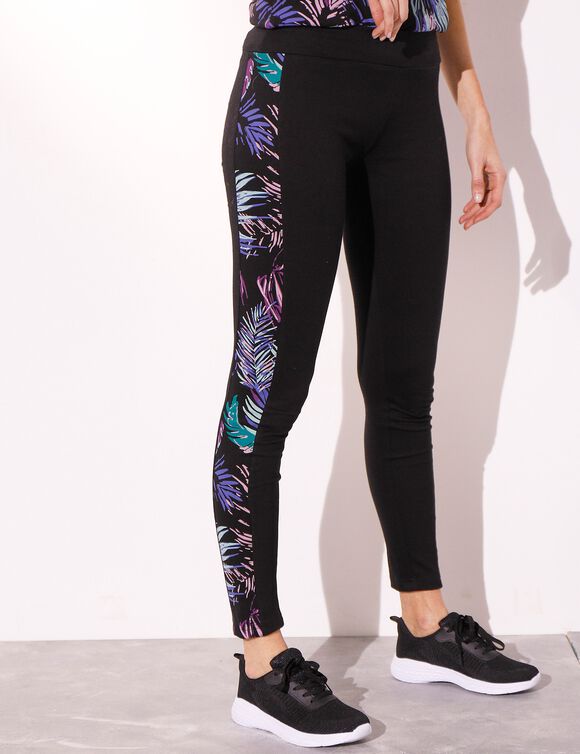 Legging &agrave; bande imprim&eacute;e en coton stretch (noir / violine)