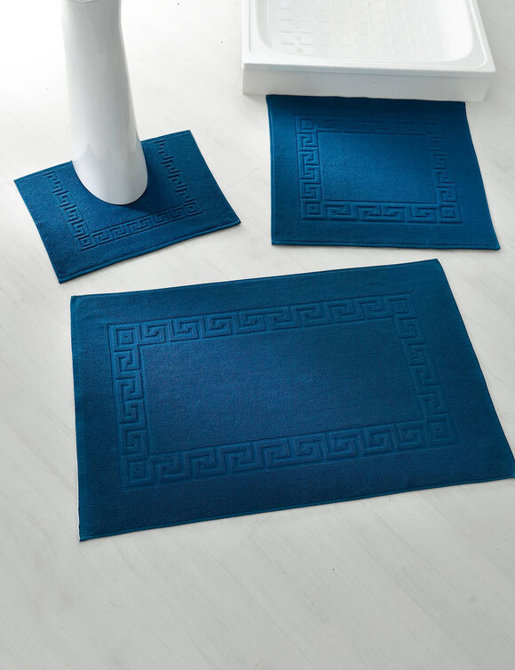 Tapis de bain éponge liteau motif frise grecque (bleu paon)