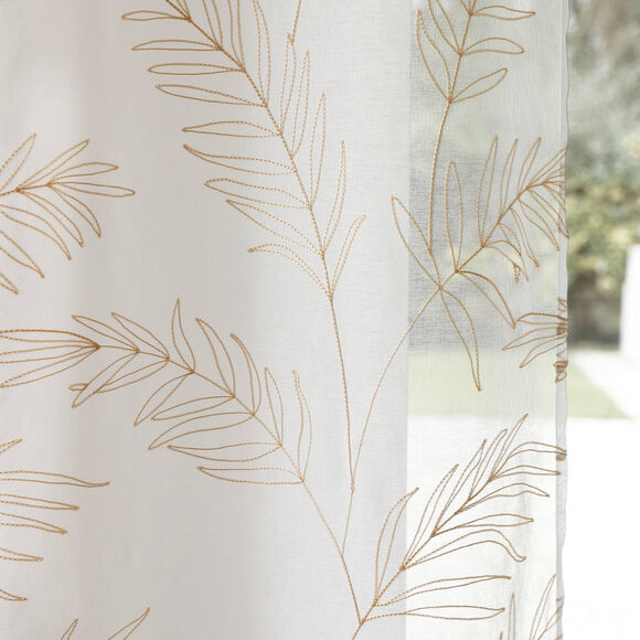 Panneau voilage brod&eacute; grandes feuilles - finition oeillets (sable)