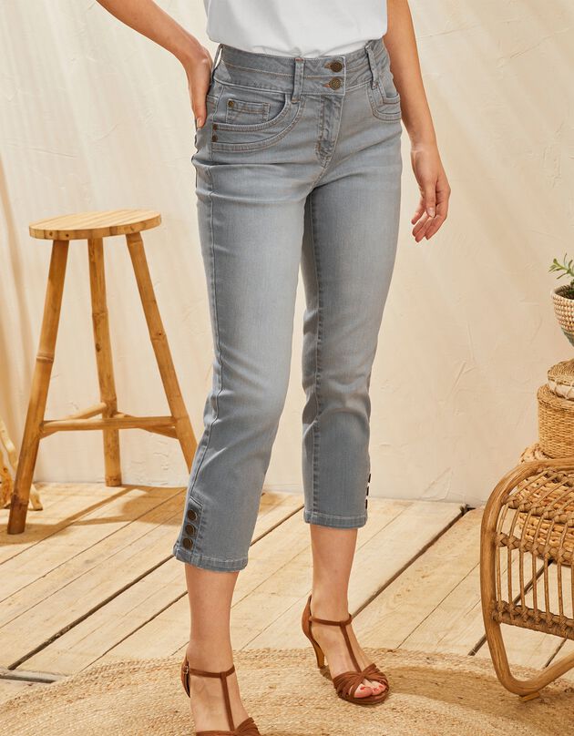 Pantacourt fuselé base boutonnée, jean stretch (gris)